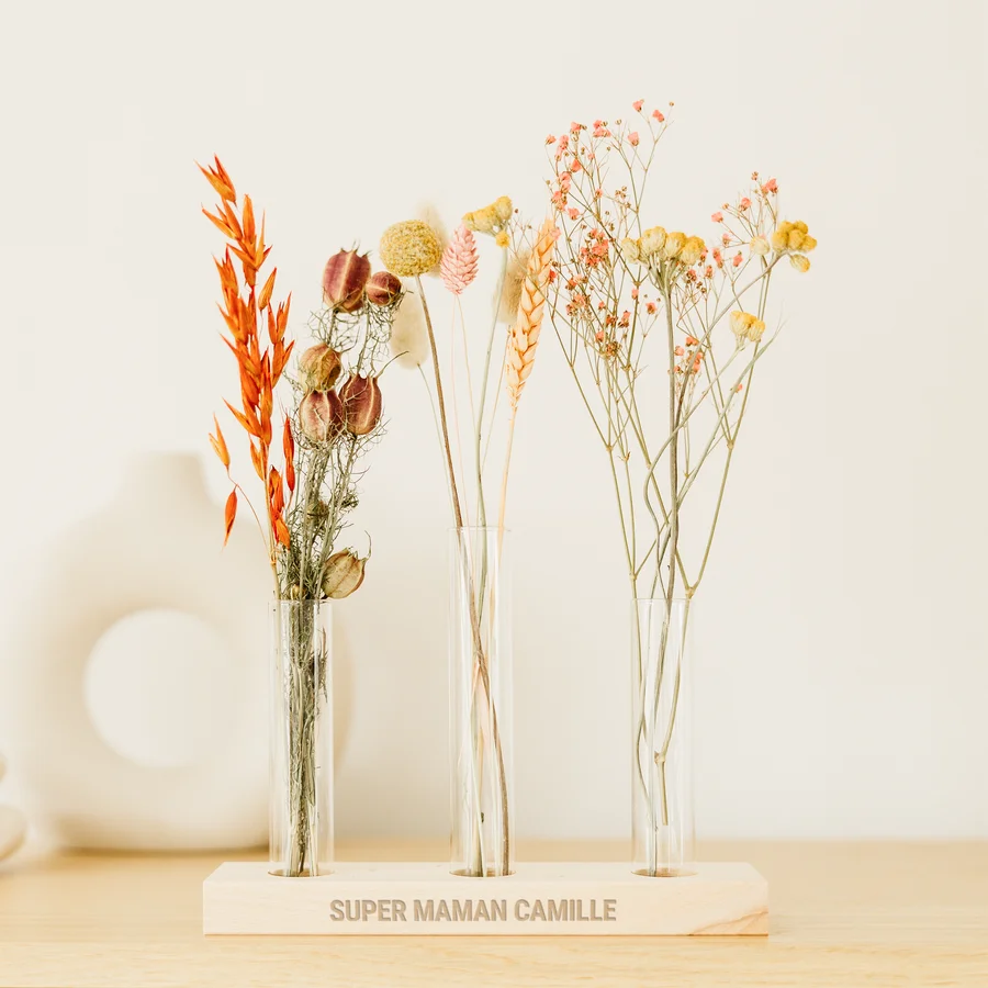 Fleurs séchées avec support en bois - cadeau de Noël mamie mama